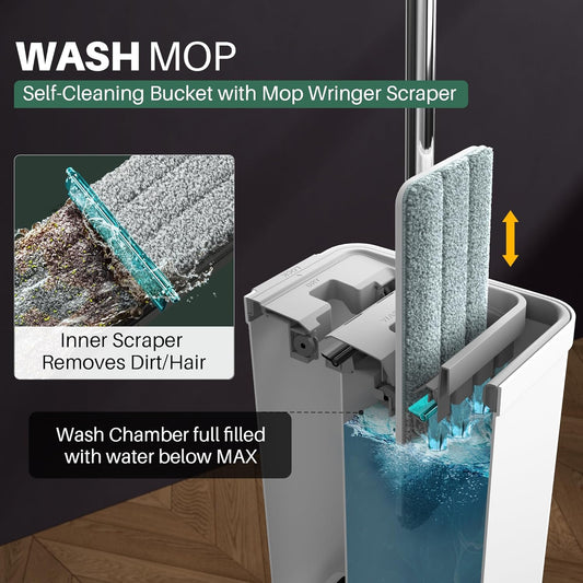 JOYMOOP Mop and Bucket Set with Wringer, Flat Mops for Floor Cleaning, Wall Mop Cleaner with Long Handle, Hardwood Floor Mop with 4 Microfiber Pads