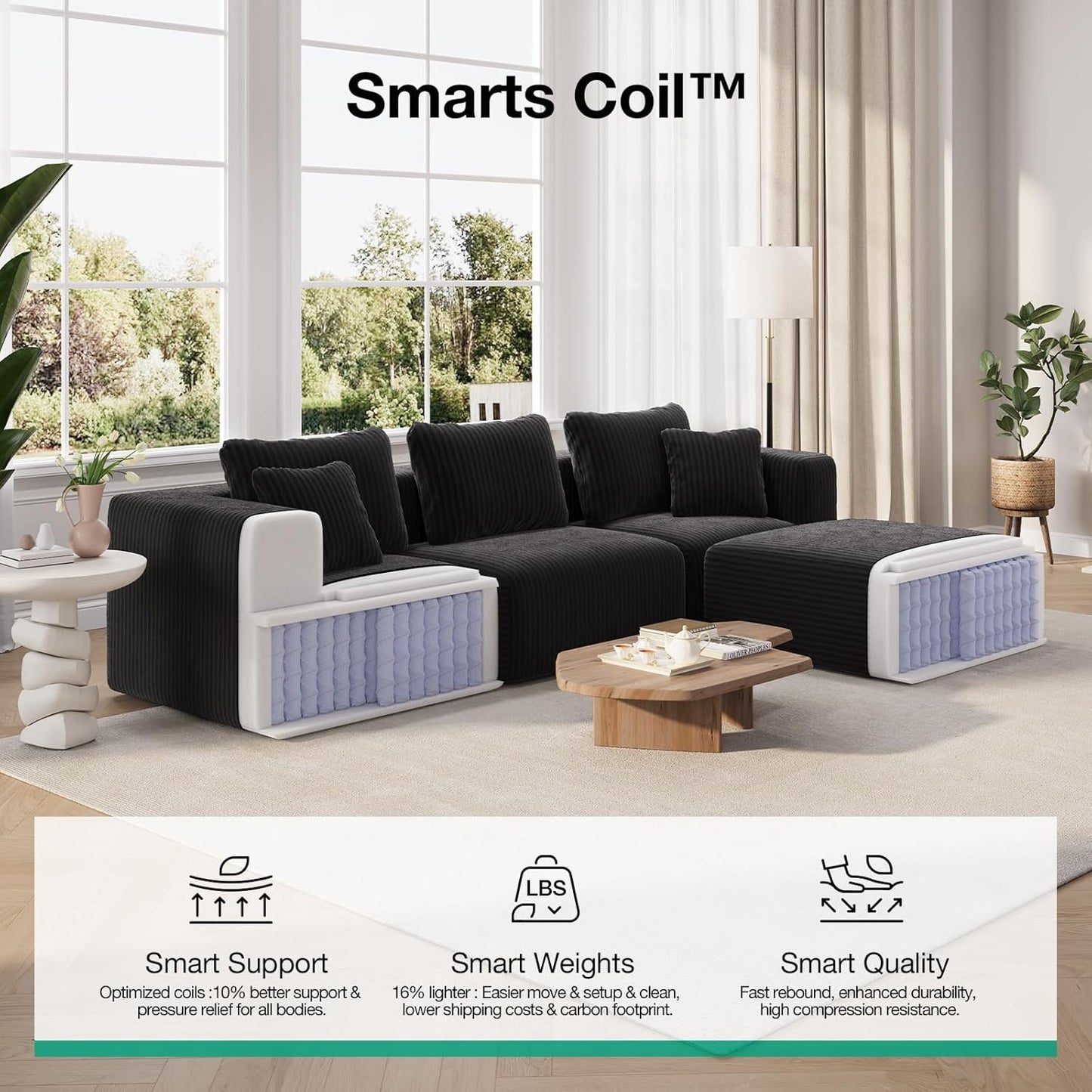 Novilla 106" Modular Sectional Sofa, Modern Cloud Sectional Couch with Smarts Coil Support, L-Shape Boneless Couch for Living Room Apartments Bedroom, No Assembly Required (3 Seater + 1 Ottoman)