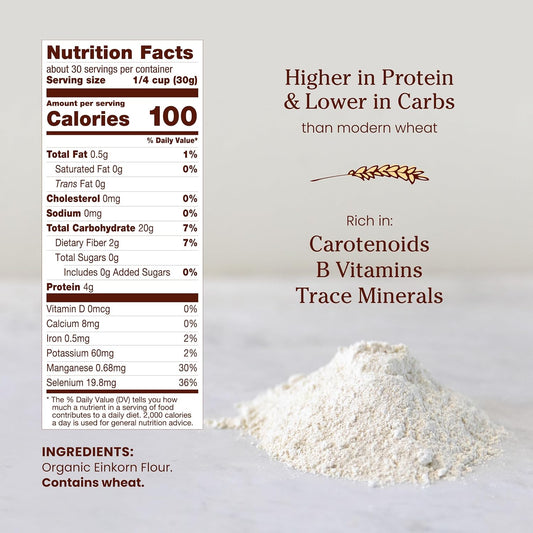 Jovial Organic Einkorn Unbleached All Purpose Flour - Bread Baking Flour for Sourdough, High Protein, Non-GMO, For Organic Pizza & Pasta, European Italian Made, Glyphosate Free - 32 Oz
