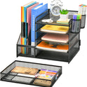 Marbrasse Desk Organizer with File Holder, 5-Tier Paper Letter Tray Organizer with Drawer and 2 Pen Holder, Mesh Desktop Organizer and Storage with Magazine Holder for Office Supplies(Black)