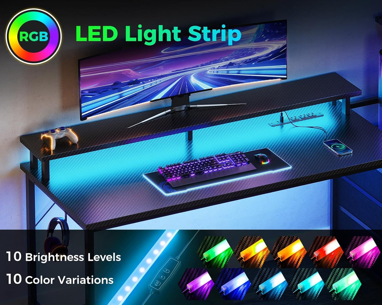 AODK 59 Inch Gaming Desk with USB Charging Ports & LED Light- Reversible Computer Desk with Storage Shelves & Monitor Stand, Modern Gamer Desk Table with Fabric Drawers & Side Hook, Carbon Fiber Black
