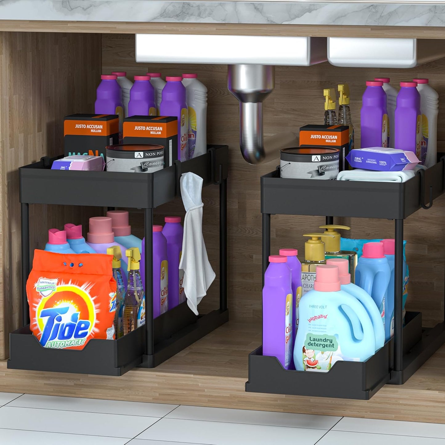 DEKAVA Under Sink Organizer 2 Pack, Bathroom Cabinet Organizer, 2 Tier Sliding Cabinet Basket Organizer Drawer, Multi-Purpose Bath Collection Baskets for Bathroom (Black)