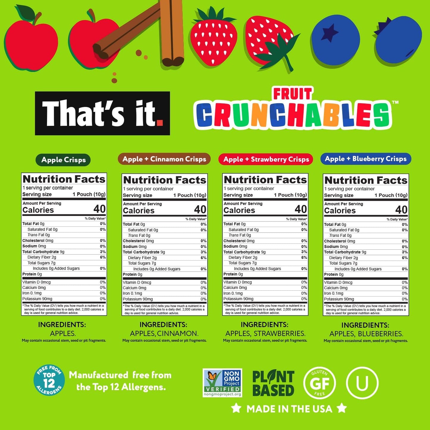 That's it. Fruit Crunchables Variety Pack, Fruit Snacks for Kids, 100% Fruit Crisps, Plant-Based, Non-GMO, Gluten-Free, No Sugar Added (16 Pack)
