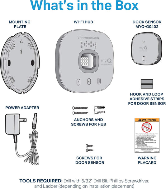 CHAMBERLAIN Smart Garage Control - Wireless Garage Hub and Sensor with Wifi & Bluetooth - Smartphone Controlled, myQ-G0401-ES, White