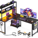 ODK 53 Inch L Shaped Desk with LED Lighting, Reversible Gaming Desk with Power Outlets, Cornor Computer Table with Storage Shelves & Bag & Iron Hook, Home Office Table for Writing, Study, Black