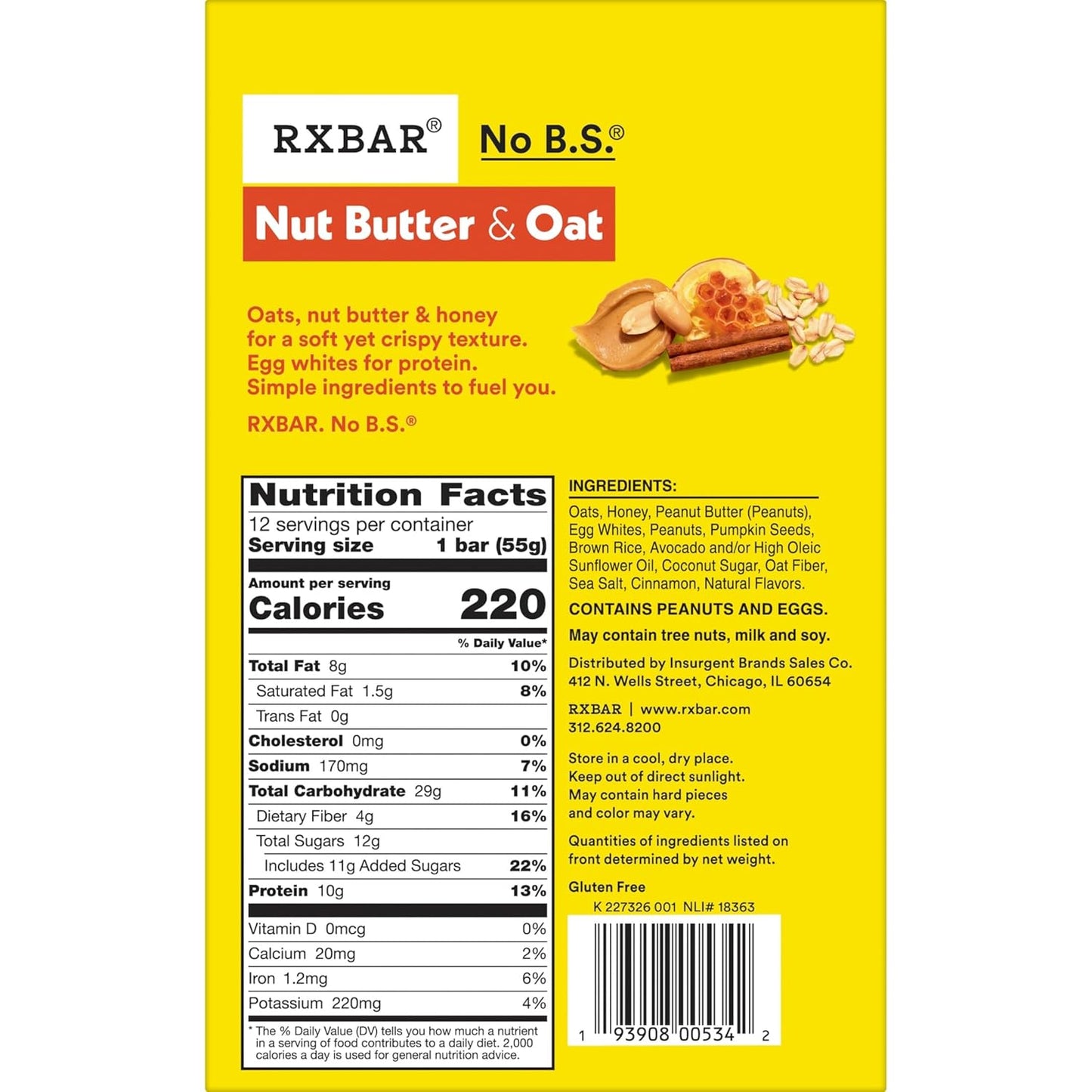 RXBAR Nut Butter and Oat Protein Bars, Protein Snacks, Snack Bars, Honey Cinnamon Peanut Butter, 23.2oz Box (12 Count)