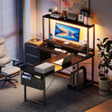 AODK L Shaped Desk Gaming Desk with LED Light & Power Outlet, 53 Inch Reversible L Shaped Computer Table with Shelf & Storage Bag & Hook for Home Office, Black