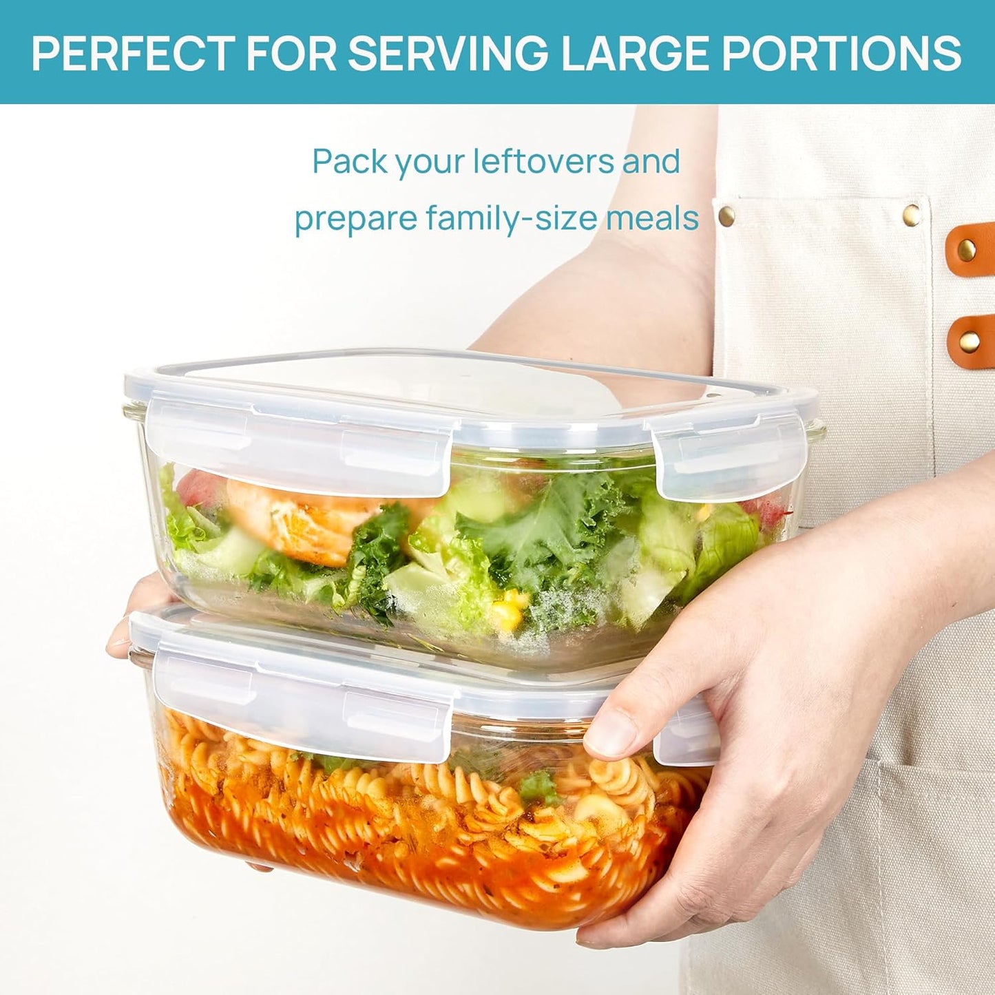 Vtopmart 2Pack 1860ml/63oz Large Glass Storage Containers with Lids, Meal Prep Food Container Set with Snap Airtight Lid for Baking, Microwave, Oven, Leak Proof, for Freezer, Dishwasher, Grey