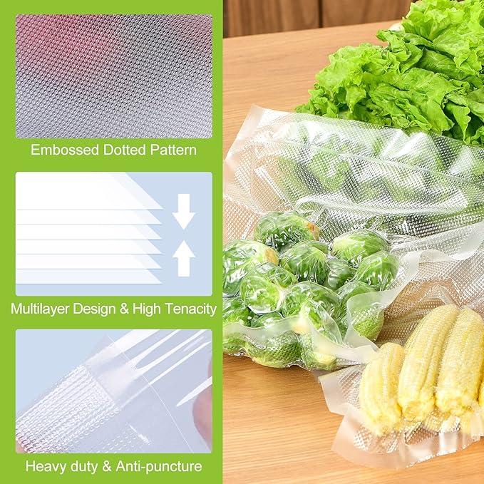 Bonsenkitchen Vacuum Sealer Rolls Bags, 6 Pack 3 Rolls 11" x 20' + 3 Rolls 8" x 20' Commercial Grade BPA Free Bag Rolls, Durable Customized Size Food Vac Bags for Storage and Sous Vide Cooking VB3211