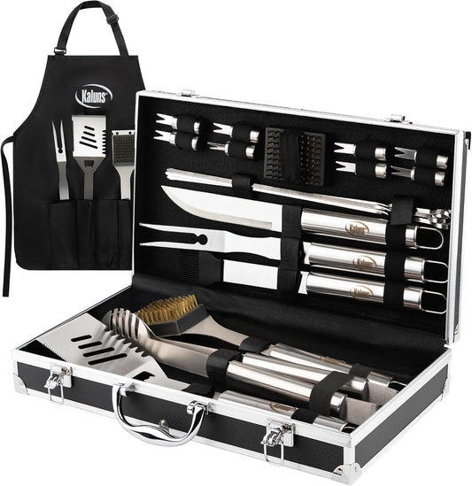 Kaluns Grilling Accessories, Gifts for Men Christmas Grilling Gifts for Dad, Heavy Duty Stainless Steel BBQ Grill Tools Set for Outdoor Grill with Aluminum Case and Apron, Birthday Gifts for Men Dad