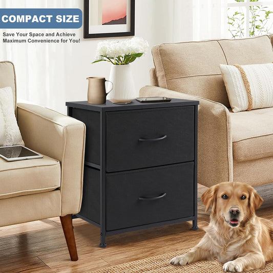 DUMOS Nightstand Small Dresser with 2 Fabric Drawers Side Tables Bedroom End Table Bedside Storage Furniture for 20 inch Tall Night Stand for Entryway, College Dorm, Classic Black