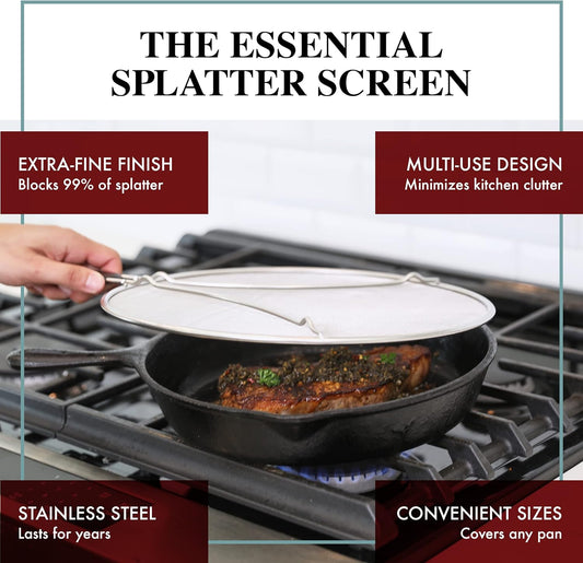 BergKoch Splatter Screen for Frying Pan - 13 Inch Stainless Steel Grease Splatter Guard - Cover Oil Splash when Sizzling Bacon, Cooking Fried Chicken or Popcorn
