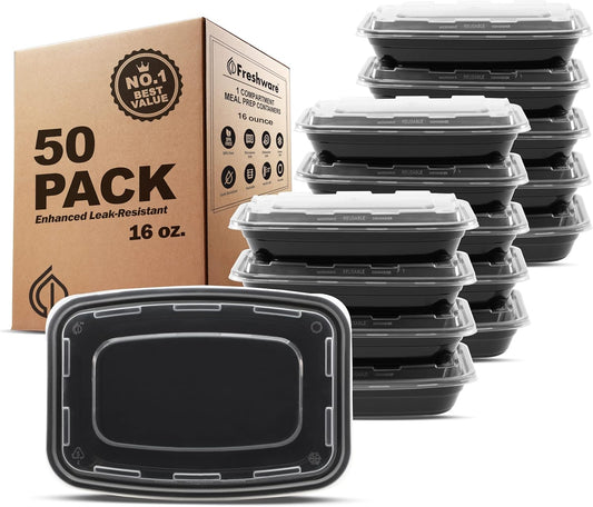 Freshware Meal Prep Containers [50 Pack] 1 Compartment Food Storage Containers with Lids, Bento Box, BPA Free, Stackable, Microwave/Dishwasher/Freezer Safe (16 oz)