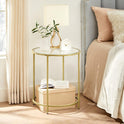 VASAGLE Round Side Table, Glass End Table with Metal Frame, Gold Coffee Table with Modern Style, for Living Room, Balcony, Bedroom, Gold Color
