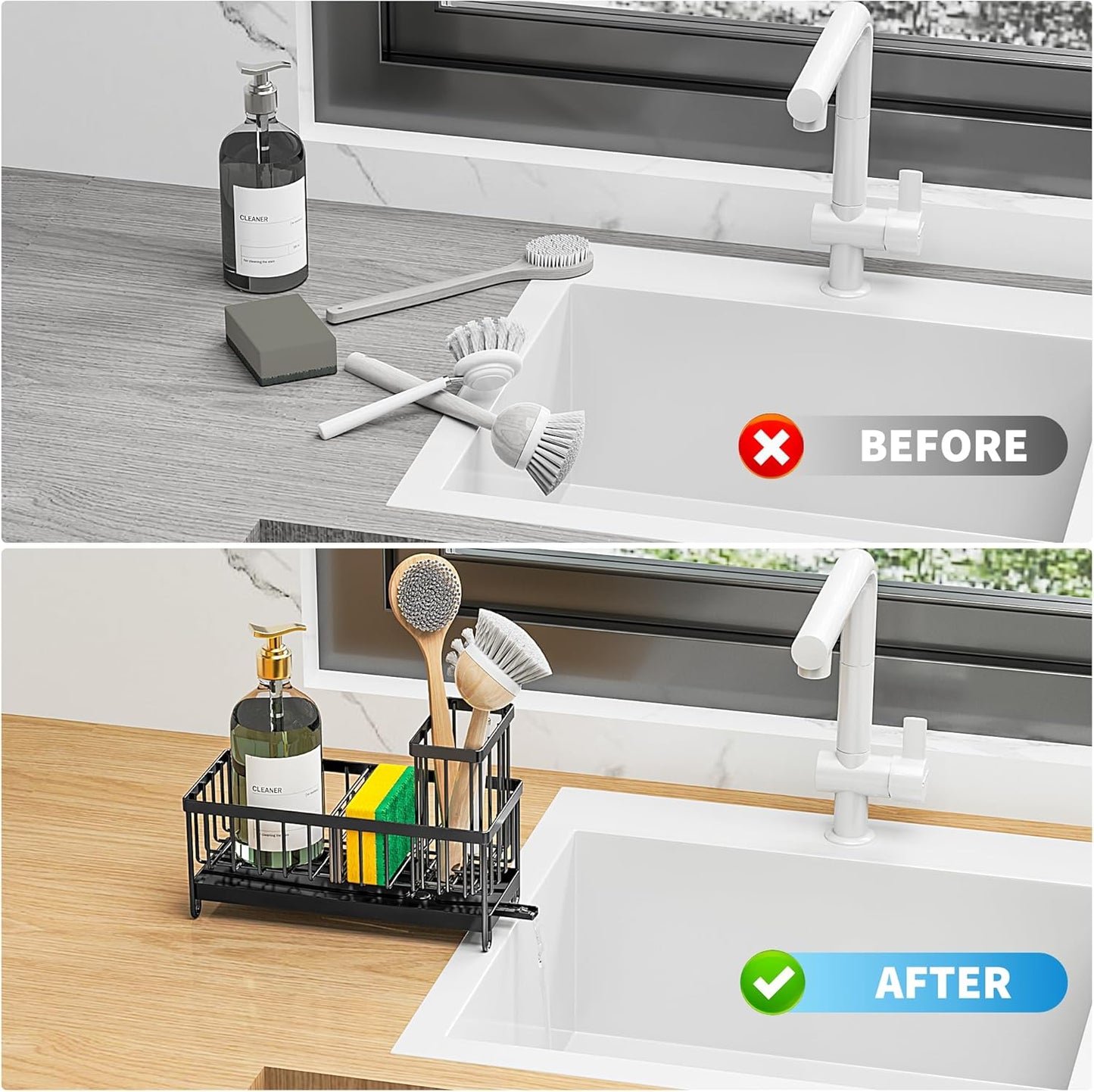 Cisily Black Sponge Holder for Kitchen Sink, Sink Caddy Organizer with High Brush Holder, Kitchen Countertop Organizers and Storage Essentials, Rustproof 304 Stainless Steel, Soap Dispenser Organize