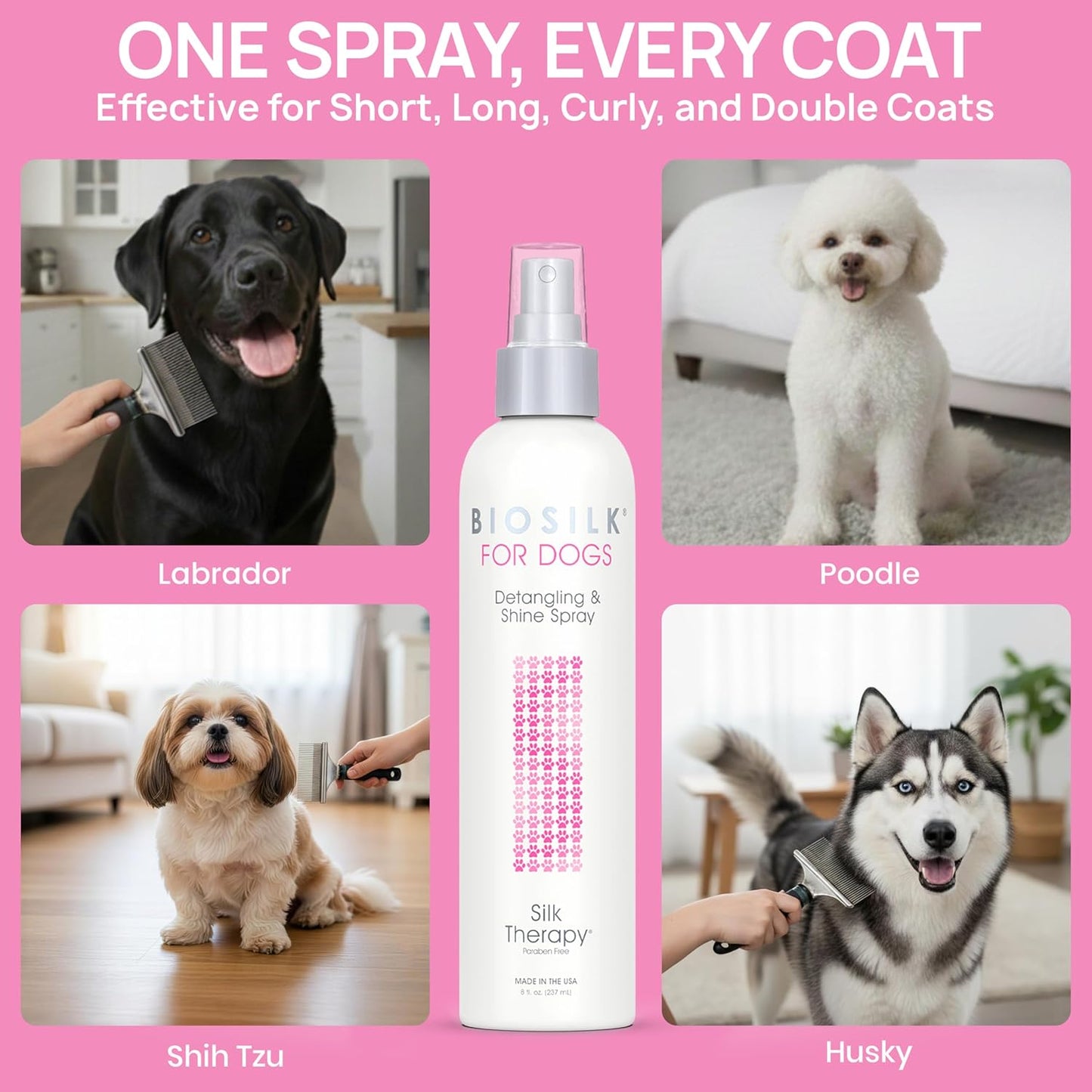 BioSilk for Dogs Silk Therapy Detangling Plus Shine Mist for Dogs | Best Detangling Spray for All Dogs & Puppies for Shiny Coats and Dematting | 8 Oz Bottle (Packaging May Vary),WHITE (Pack of 1)