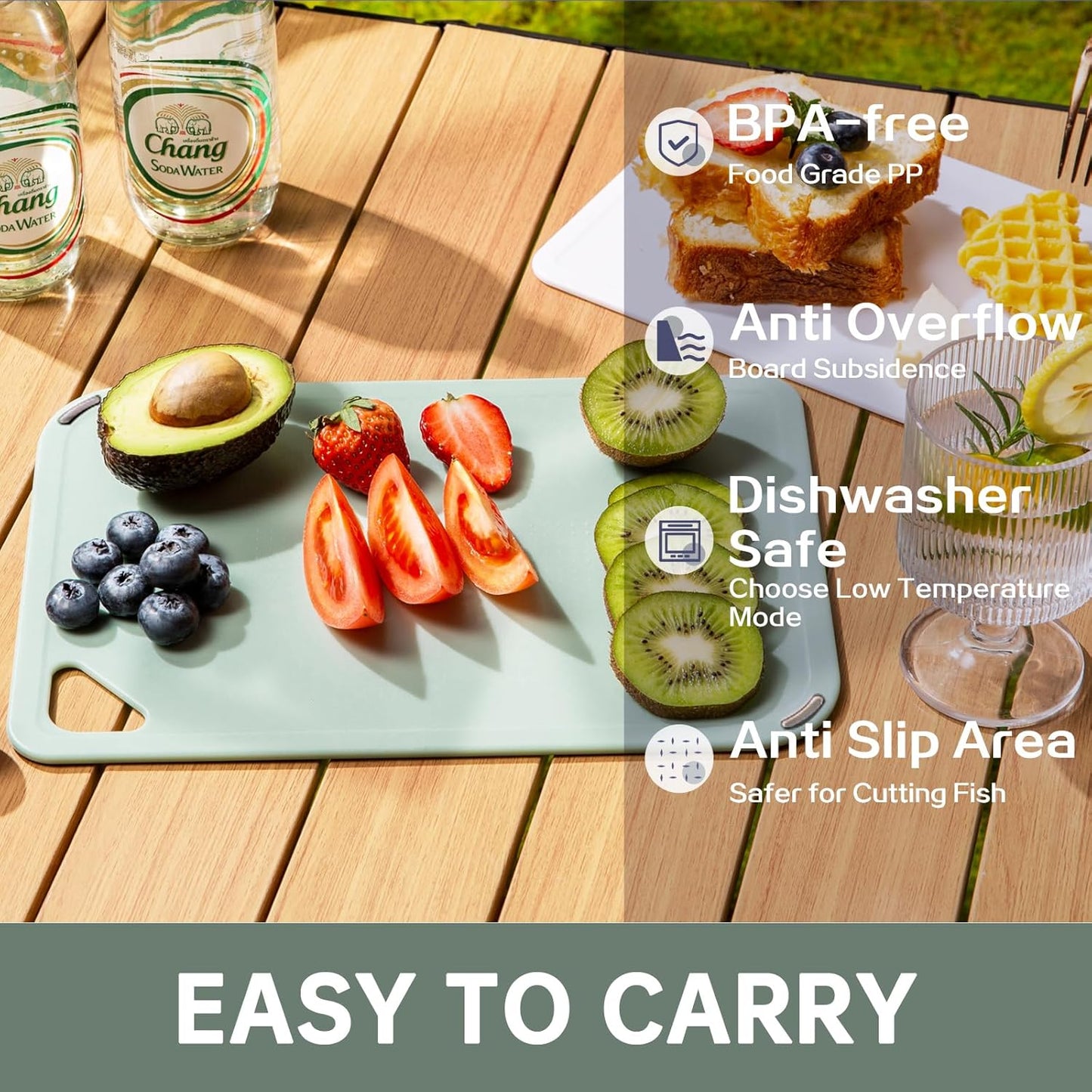 Plastic Cutting Board Set of 3-Cutting Boards for Kitchen BPA Free, Large-Small Chopping Boards Non-Slip for Cooking Camping Dishwasher Safe, Reversible, with Grip Handle, 15"×10"×0.6" Green