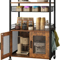 Coffee Bar Cabinet, 3 Tier Coffee Station Table on Wheels, 35.9" H Bar Cart with Wire Basket Drawer & 5 Hooks for Home Kitchen, Liquor Buffet Sideboard Cabinet (Rustic Brown)
