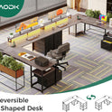 AODK 66" L Shaped Desk, 113" Computer Desk with File Cabinet & 4 Fabric Drawers, Home Office Desk with Monitor Shelf & Power Outlet, Two Person Desk or Corner Desk, Gaming Table with LED Light, Grey