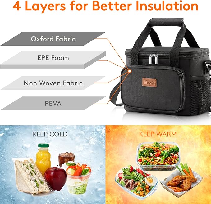 Lifewit Medium Lunch Bag Insulated Lunch Box Soft Cooler Cooling Tote for Adult Men Women, Black 12-Can (9L)
