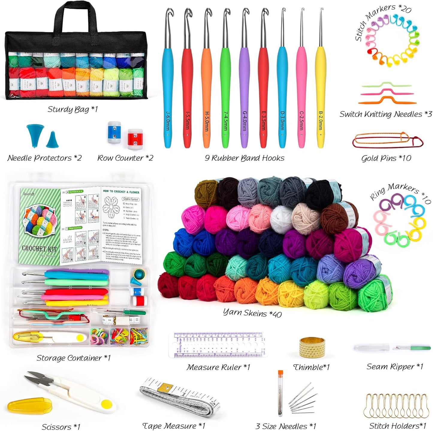 INSCRAFT 113 Piece Crochet Kit with Yarn Set– 1600 Yards Assorted Yarn for Knitting and Crochet, 73PCS Crochet Accessories Set Including Ergonomic Hooks, Knitting Needles & More Ideal Beginner Kit