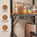 Kitchen Bakers Rack with Power Outlet, Small Coffee Bar Cart 4 Tiers, Microwave Stand Station with 8 S Hooks, Adjustable Shelf, Freestanding Kitchen Appliance Organizer, Rustic Brown