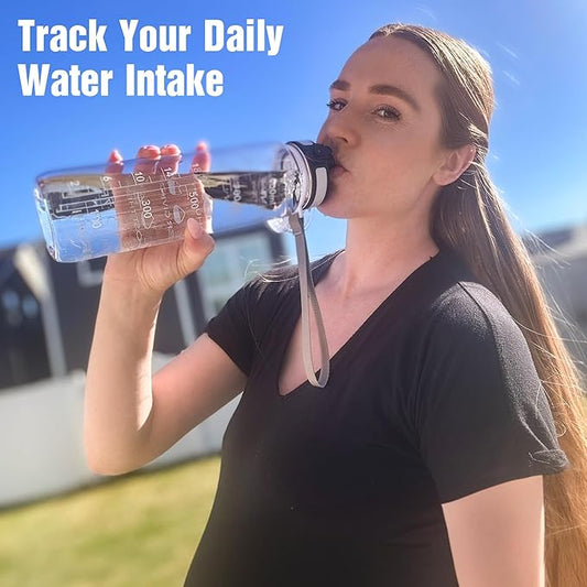 OLDLEY Water Bottle, 32oz Motivational Sports Water Bottle with Time Marker - Times to Drink - Tritan, BPA Free, Wide Mouth Leakproof, Clear (1 Bottle)