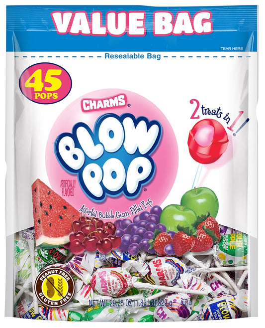Charms Blow Pop Lollipops - Individually Wrapped Dual Candy and Gum Suckers - Peanut Free, Gluten Free - Bulk Treat for Kids and Adults - Assorted Flavors, 45 Count (29.25 oz.)