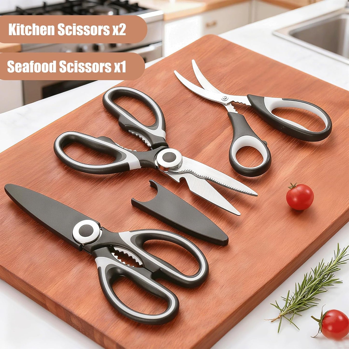 Food Grade Kitchen Scissors All Purpose 3 Pack - Heavy Duty Stainless Steel Cooking Shears for Cutting Meat, Food, Fish, Poultry Sharp Sissors for Dishwasher Safe - with Protective Sheath