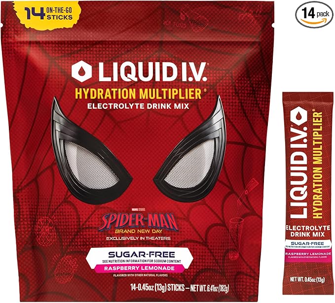 Liquid I.V.® Hydration Multiplier - Limited Edition - Spider-Man Sugar-Free - Raspberry Lemonade | Electrolyte Powder Drink Mix | 1 Pack (14 Servings)