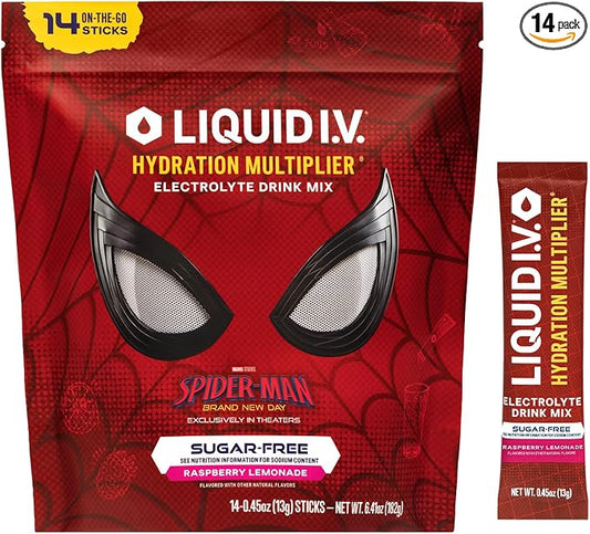 Liquid I.V.® Hydration Multiplier - Limited Edition - Spider-Man Sugar-Free - Raspberry Lemonade | Electrolyte Powder Drink Mix | 1 Pack (14 Servings)