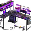 AODK L Shaped Desk Gaming Desk with LED Light & Power Outlet, 53 Inch Reversible L Shaped Computer Table with Shelf & Storage Bag & Hook for Home Office, Black
