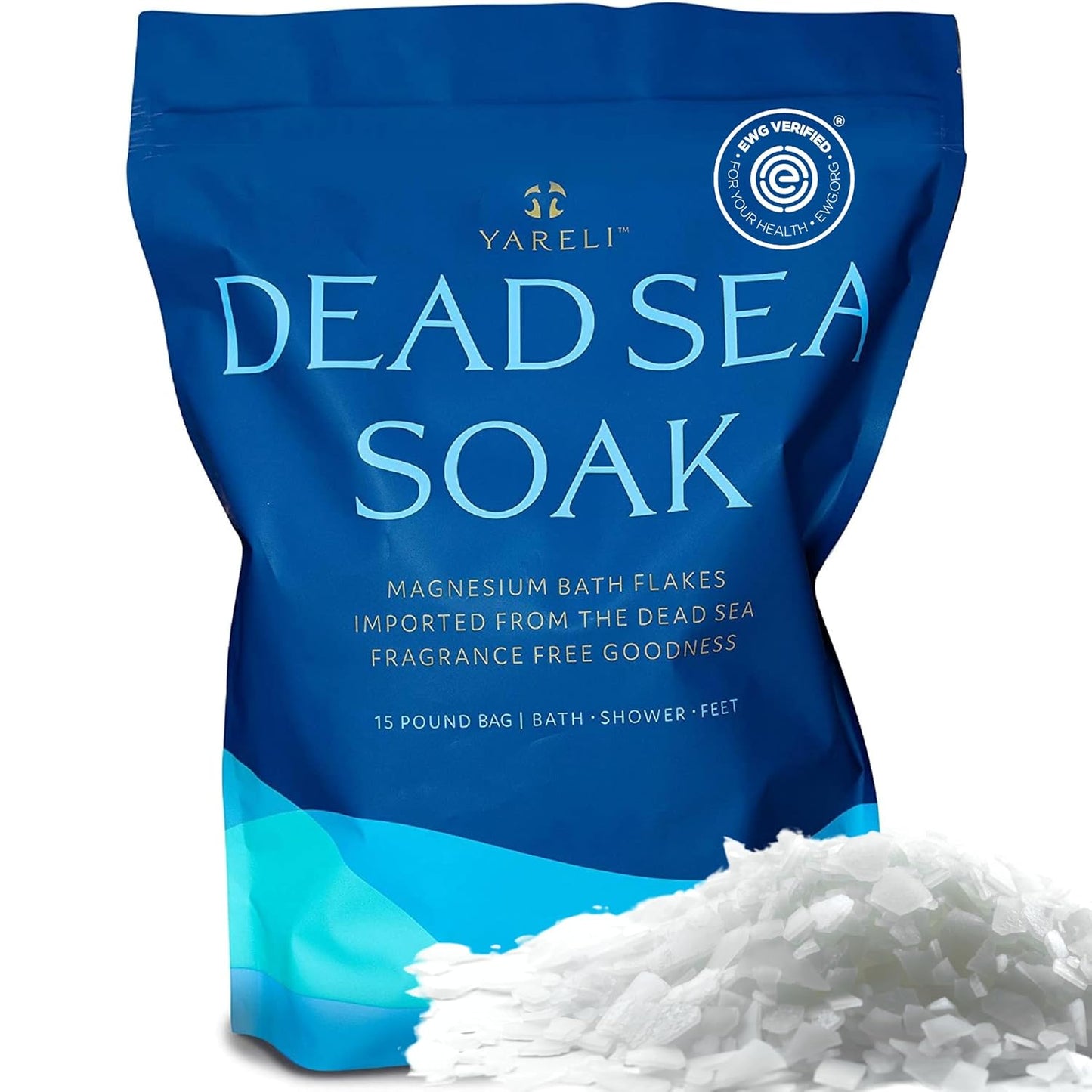 Yareli Magnesium Flakes, 15lb, Dead Sea Bath & Foot Soak, Alternative to Epsom Salt with Over 800,000mg of Magnesium Chloride Per Bag