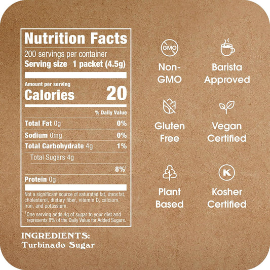 In The Raw Turbinado Cane Sugar Packets, 200 Ct Box, 1 Pack, Pure, All-Natural Turbinado Sugar, Non-GMO Project Verified, Kosher, Vegan and Gluten Free
