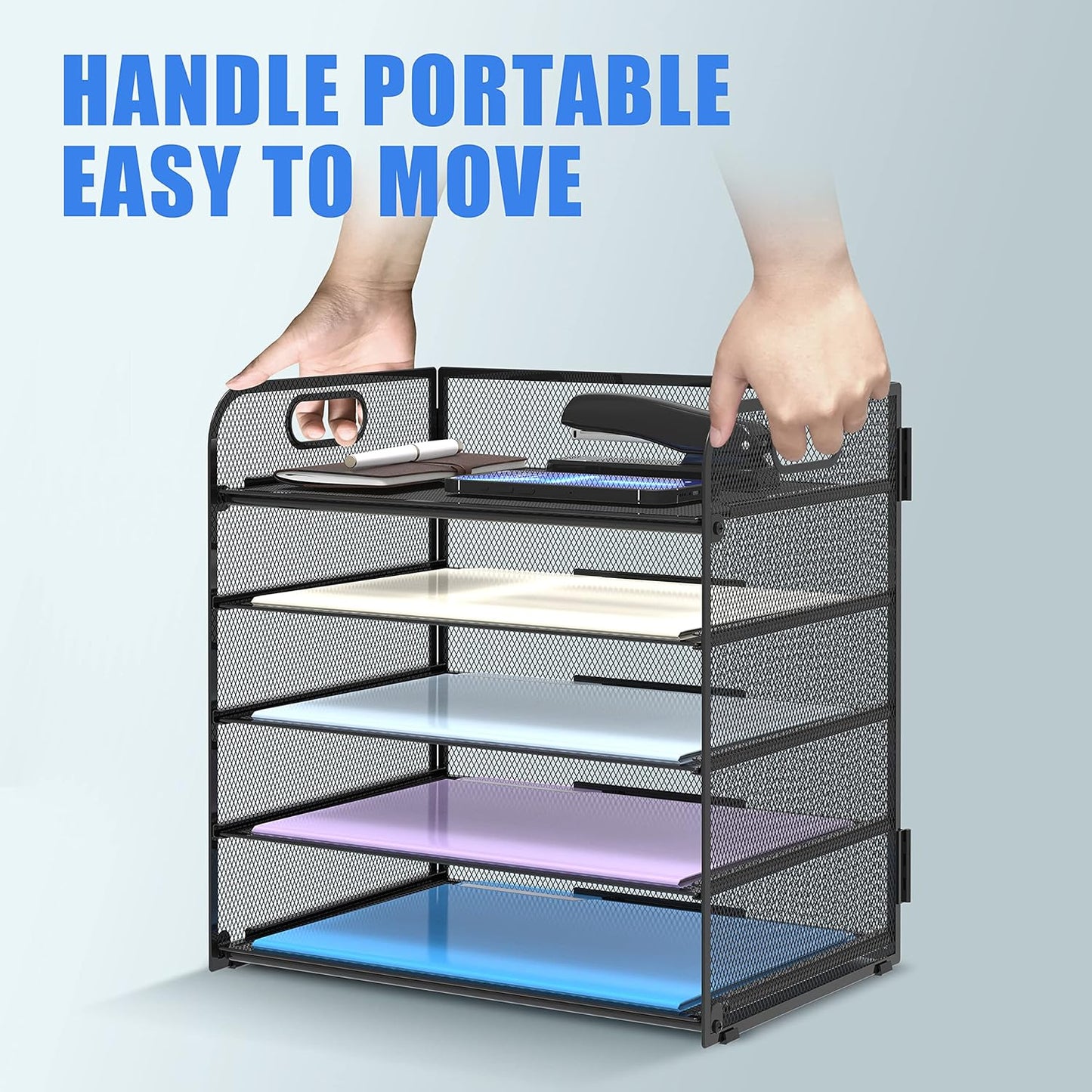 Supeasy 5 Trays Paper Organizer Letter Tray with Handle-Mesh Desk File Organizer, Paper Sorter Desk Organizer for Office, Home or School