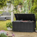 Keter Kentwood 92 Gallon Resin Deck Box-Organization and Storage for Patio Furniture Outdoor Cushions, Throw Pillows, Garden Tools and Pool Floats, Dark Grey