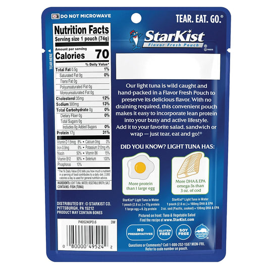 StarKist Chunk Light Tuna in Water, 2.6 oz Pouch (12 Pack) Ready to Eat Wild Caught Tuna, 17g Protein, 70 Calories Per Serving, Gluten Free, Soy Free, Kosher, Perfect for Salads, Keto Meals and Snacks