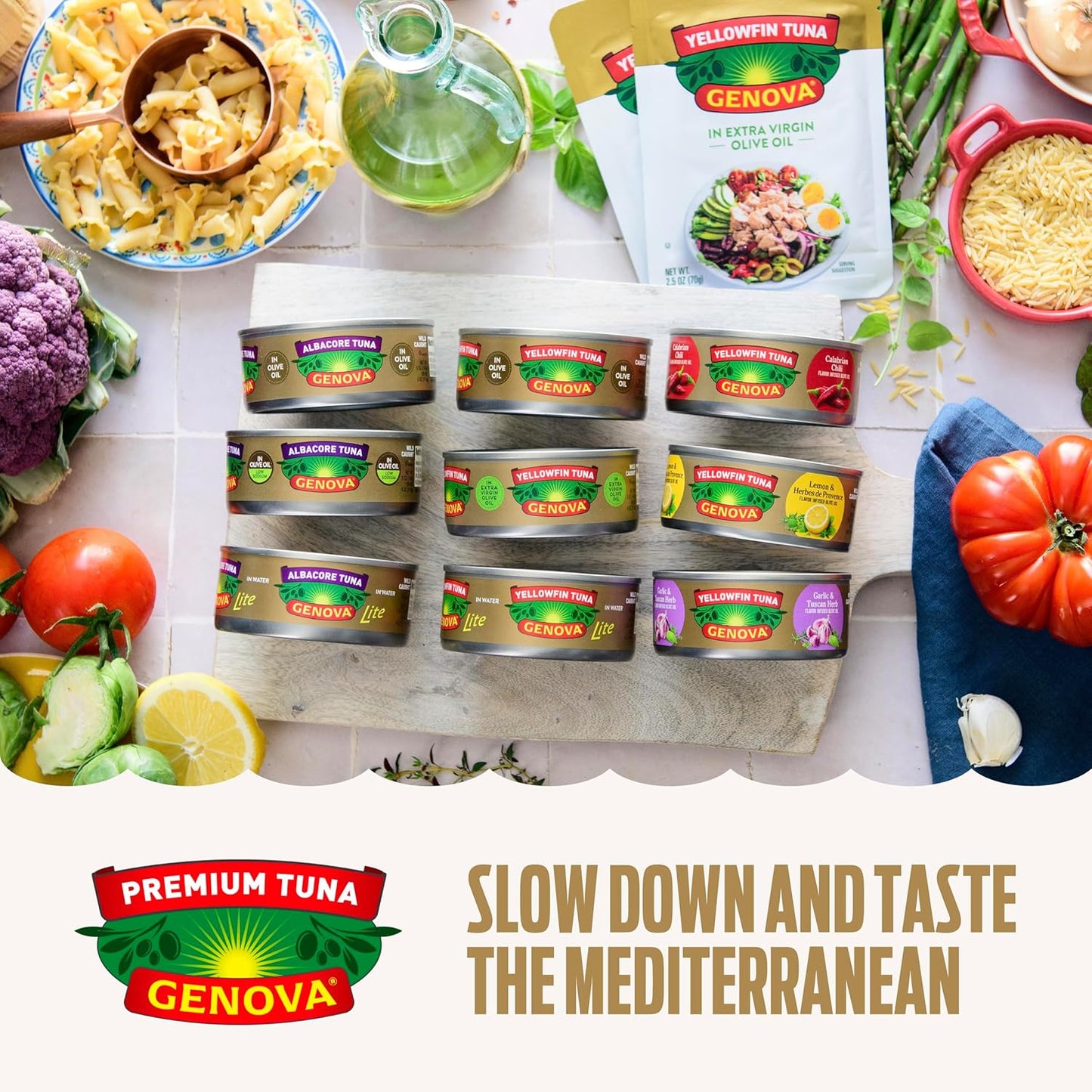 Genova Premium Yellowfin Tuna in Olive Oil, 5 Ounce Cans, 8-Pack – Nutrient Rich, High Protein Canned Tuna Fish - Delicious, Easy, Nutritious Ready to Eat Meals