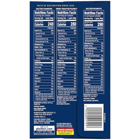 PLANTERS Variety Pack, Salted Cashews, Salted Peanuts & Honey Roasted Peanuts, On-the-Go Nut Snacks, Individually Packed Snacks, Mixed Nuts, Kosher, (36 Count)