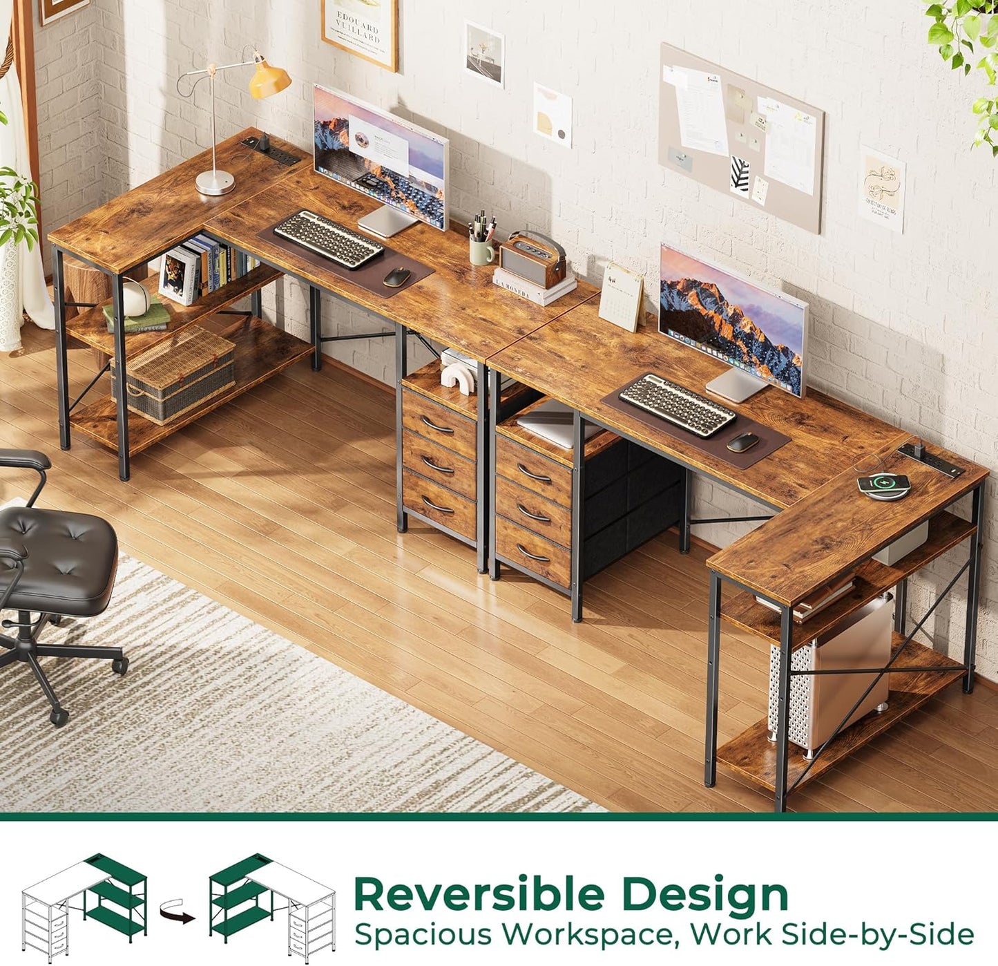 Huuger L Shaped Office Desk with Power Outlets, 47 Inch Computer Desk with 3 Drawers, Shelves, for Gaming, Corner Work, Home Office, Study, Rustic Brown