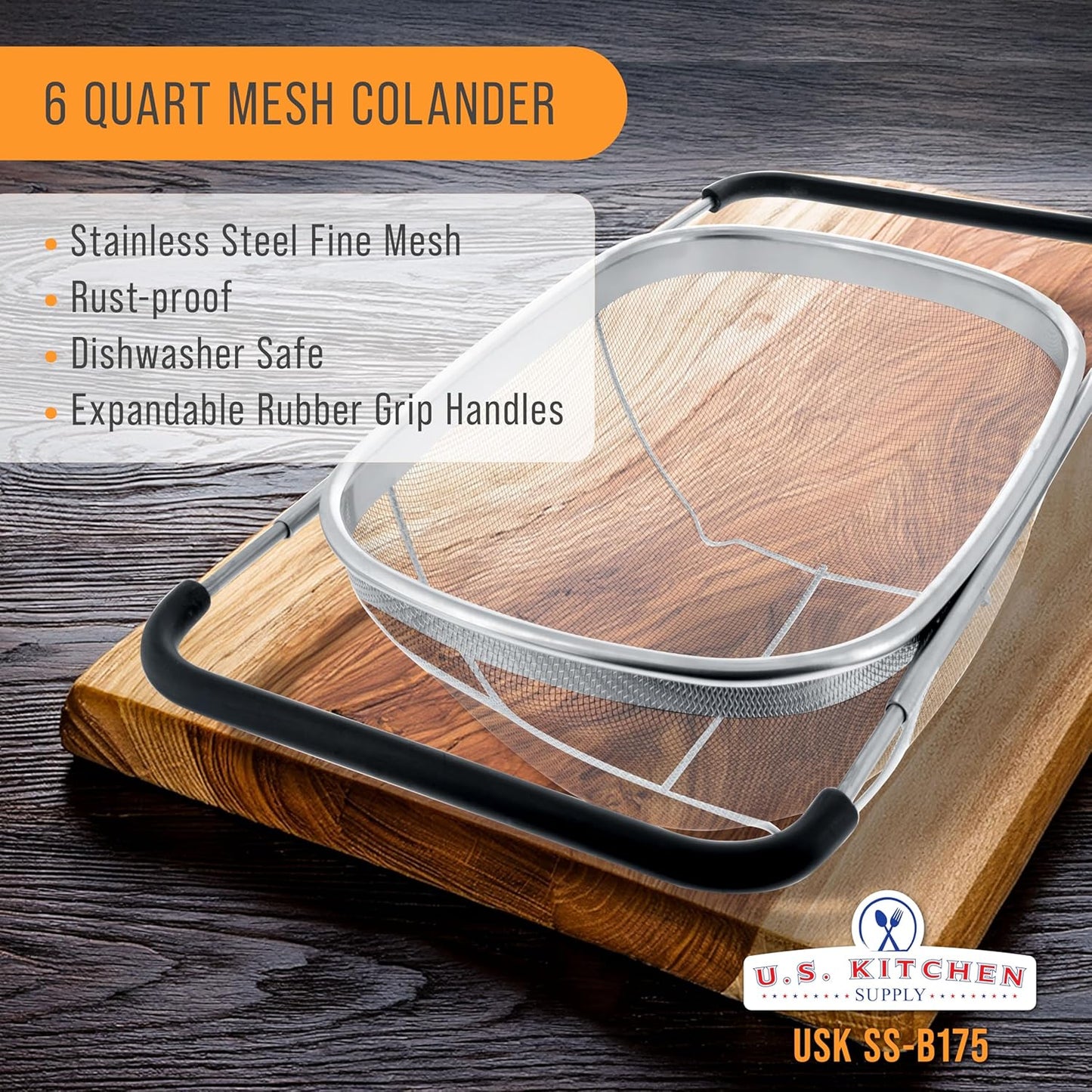 U.S. Kitchen Supply Stainless Steel Colander Strainer - 6-Quart Collapsible Colander with Expandable Rubber Handles - Rectangular Sieve, Fine Mesh Stainless Steel Strainers and Colanders for Kitchen