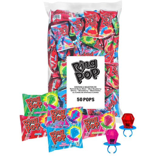 Ring Pop Candy, Lollipops, 50 Ct Party Favors in Assorted Fruity Flavors - Full Size, Fun Hard Candy For Birthday Parties, Valentine's Gifts, Goodie Bags, Party Favors