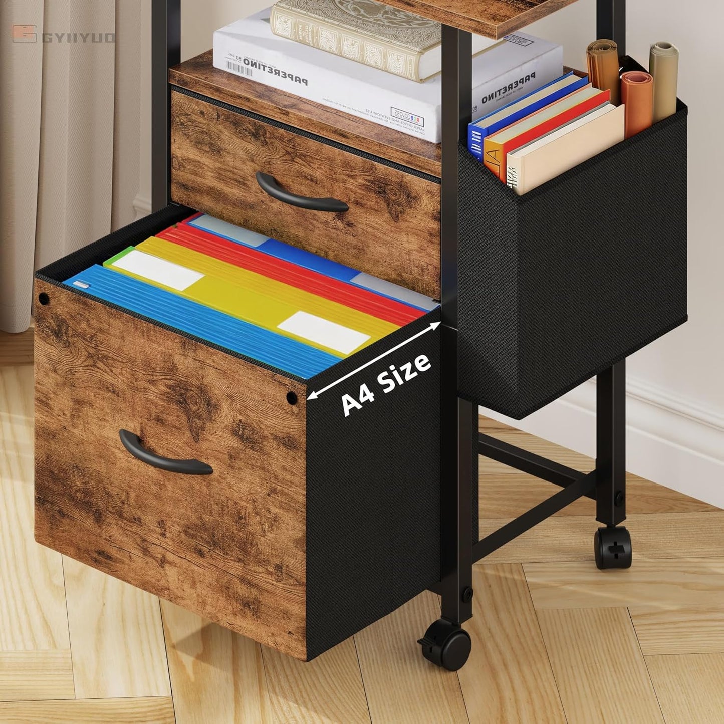 GYIIYUO 2 Drawer File Cabinet with 24'' Extended Desktop, Mobile Filing Cabinet, Rolling File Cabinet with Side Bag, Fabric Drawer, Fits A4/Letter Size, Printer Stand Home Office, Light Brown