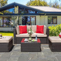 Vongrasig 5 Piece Patio Furniture Sets, Outdoor Patio Set Sectional Sofa, All-Weather PE Rattan Outdoor Couch with Ottoman, Glass Table for Garden, Backyard, Porch, Beige