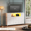 WLIVE White Dresser TV Stand for 45, 50, 55 inch TV, Entertainment Center with LED Lights & Charging Station, Chest of Drawers with 8 Fabric Drawers and Open Shelves for Living Room, Hallway, Wood Top